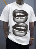 Men's Regular Fit Lip Print Drop Shoulder Graphic Tee, Casual Comfy Short Sleeve Round Neck T-shirt for Summer, Fashion...