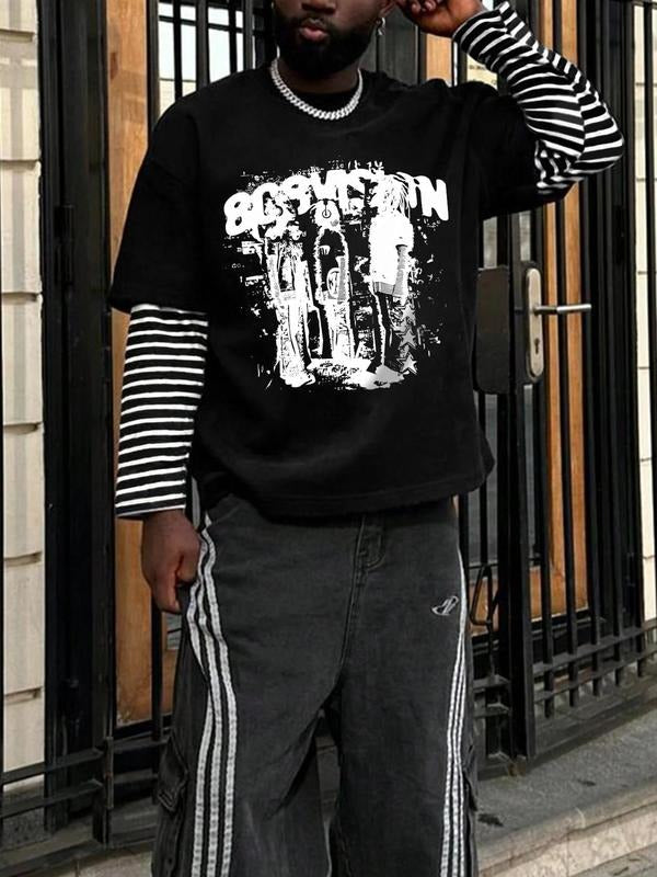 Men's Regular Fit Striped Print Graphic Tee, Casual Fashion Long Sleeve T-shirt for Spring & Fall, Men's Top for Daily...