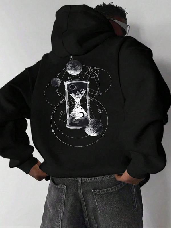 Men's Sandglass & Planet Print Drop Shoulder Thermal Lined Hoodie, Fashion Casual Regular Fit Drawstring Pocket Hooded...
