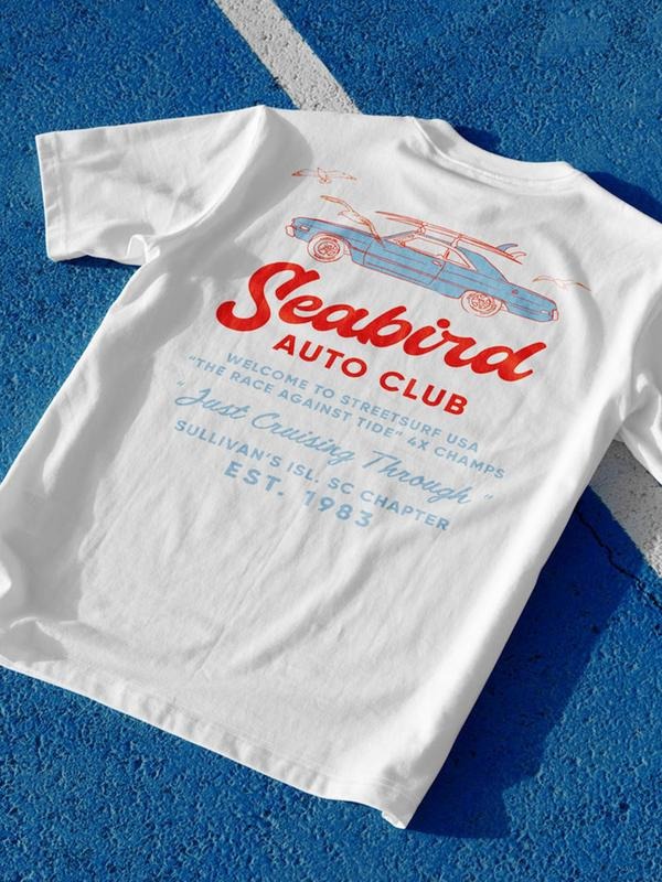 Men's Sea Bird & Car Print Round Neck Tee, Regular Fit Casual Short Sleeve T-shirt for Summer, Men's Top for Daily Wear,...