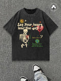 Men's Skeleton & Letter Print Distressed Short Sleeve Graphic Tee, Regular Fit Casual Round Neck T-shirt for Daily Wear,...