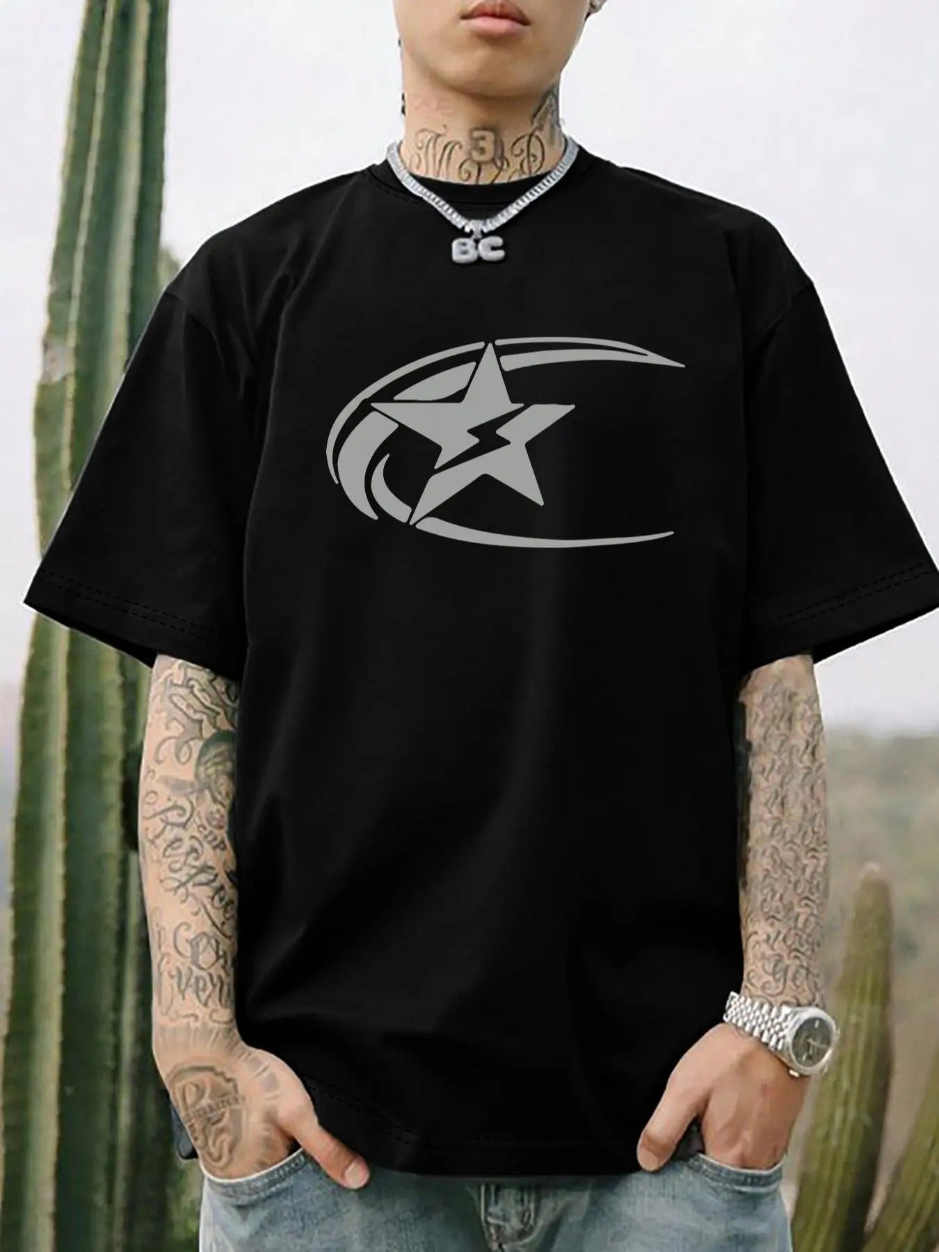 Men's Star Print Round Neck Tee, Regular Fit Casual Drop Shoulder Short Sleeve T-shirt, Men's Summer Top for Daily Wear...