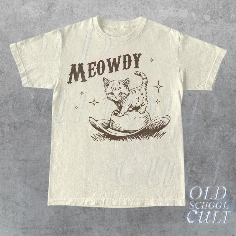 Meowdy Cute Kitten Cat Country Western Vintage T-Shirt, Retro 90s Cowgirl Rodeo Life Shirt, 2000s Cowboy Ranch Farm Life...