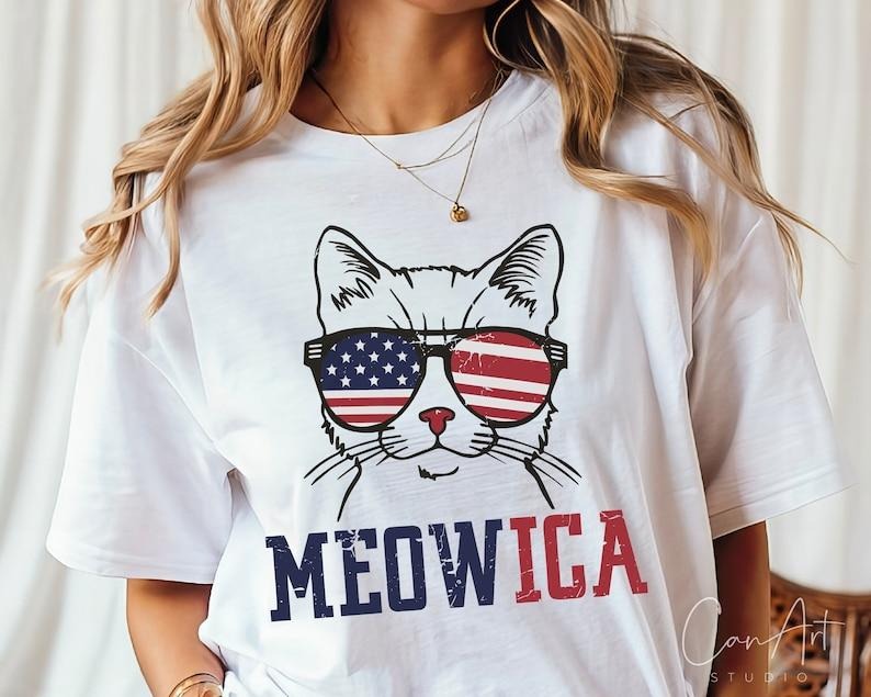 Meowica Shirt, Patriotic Cat Shirt, Distressed American Flag , Fourth of July Cat Graphic Independence Day Shirt ...