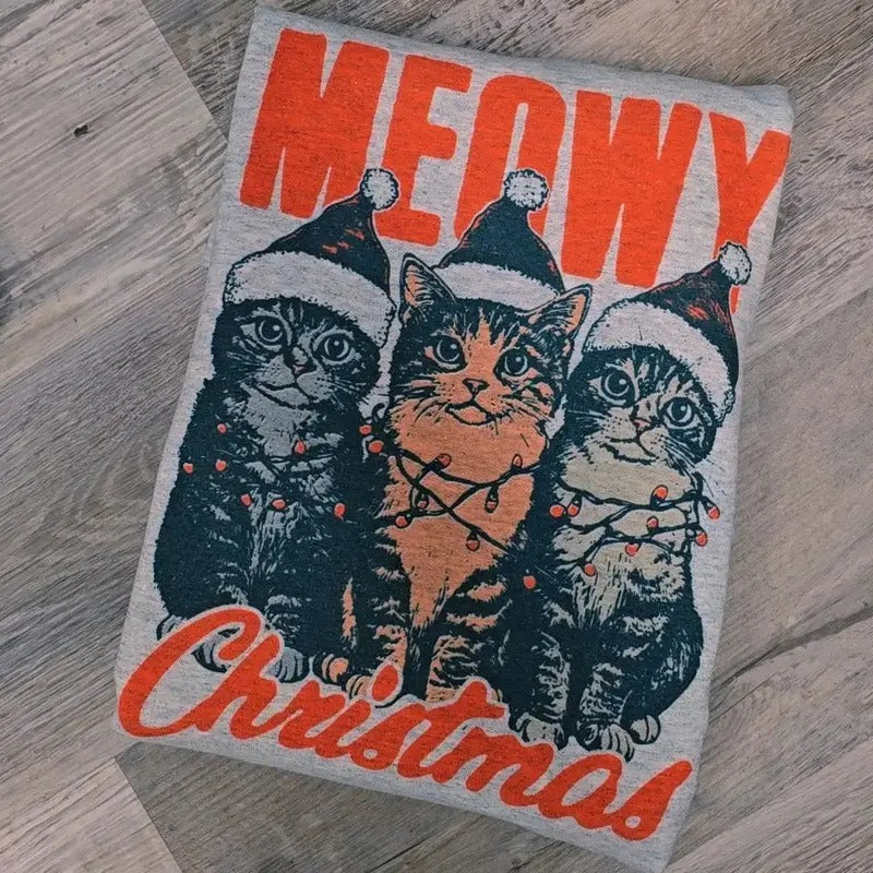 Meowy Christmas Cat Lovers Graphic Tee or Sweatshirt Hoodie | ZylaModa.com
