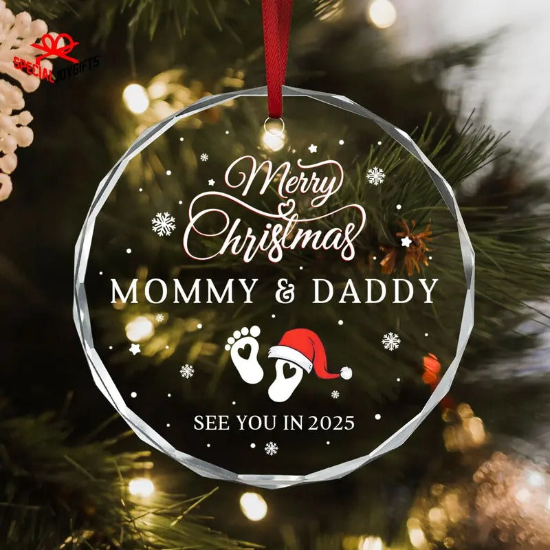 Merry Christmas Mommy and Daddy Glass Ornament, Christmas Gift for Parents, See You in 2025, Pregnancy Ornament,...