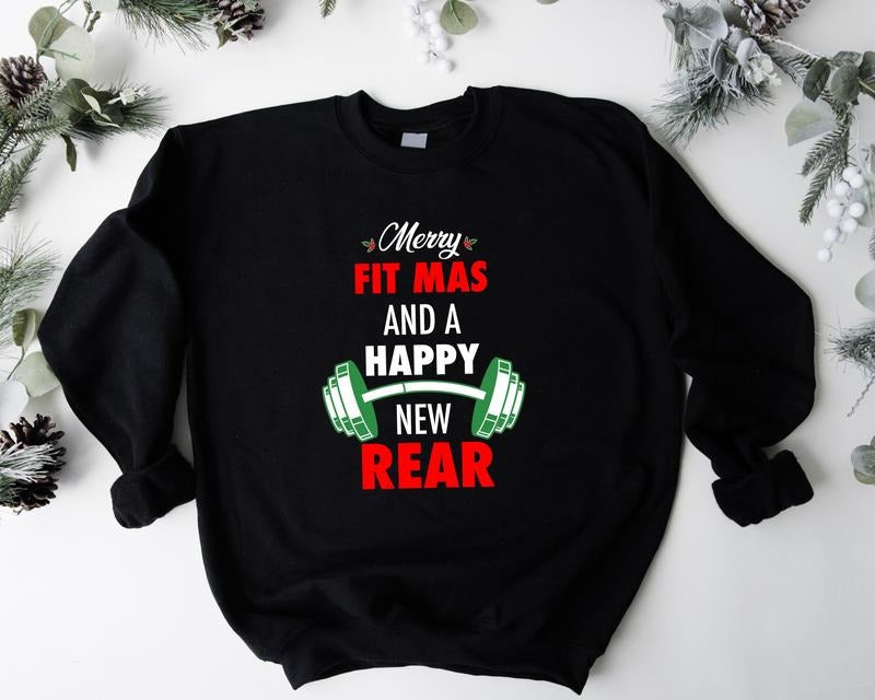 Merry Fitmas And A Happy New Rear Sweatshirt, Christmas Fitness Sweater, Workout Xmas Hoodie, Personal Trainer Gift,...