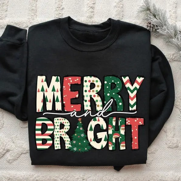 Merry and Bright Sweatshirt, Christmas Sweatshirt, Family Christmas Sweatshirt, Christmas Sweatshirts for Women Menswear...