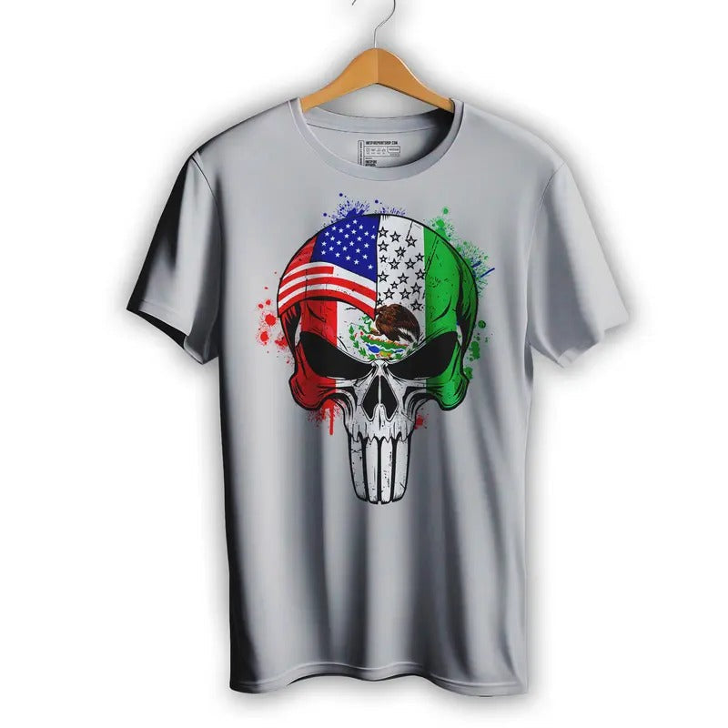 Mexican American Flag Skull El Castigador Short Sleeve T-Shirt Casual Crewneck Hoodie, Sweatshirt | ZylaModa.com