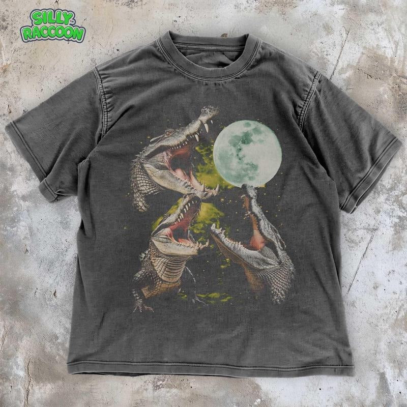 [ Mineral Wash ] Sandal Shoesodile Moon Grunge Graphic Tee , Vintage Style Three Gators Howling TShirt , Animal Graphic...