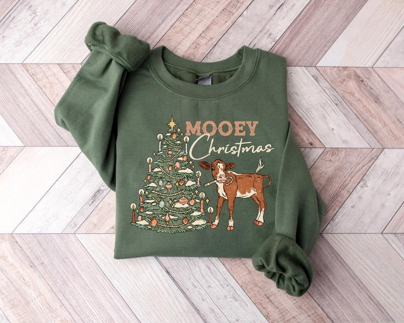 Mooey Christmas Sweatshirt, Western Christmas Sweater, Christmas Heifer Shirt, Xmas Cow Sweatshirt, Retro Western...