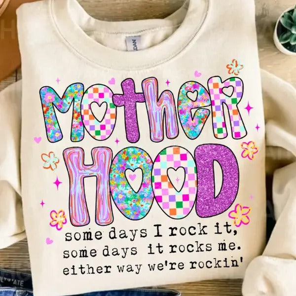 Motherhood Coquette Bow Checker Shirt, Neon Mother hood Shirt, Funny Mom Hoodie, Sweatshirt | ZylaModa.com