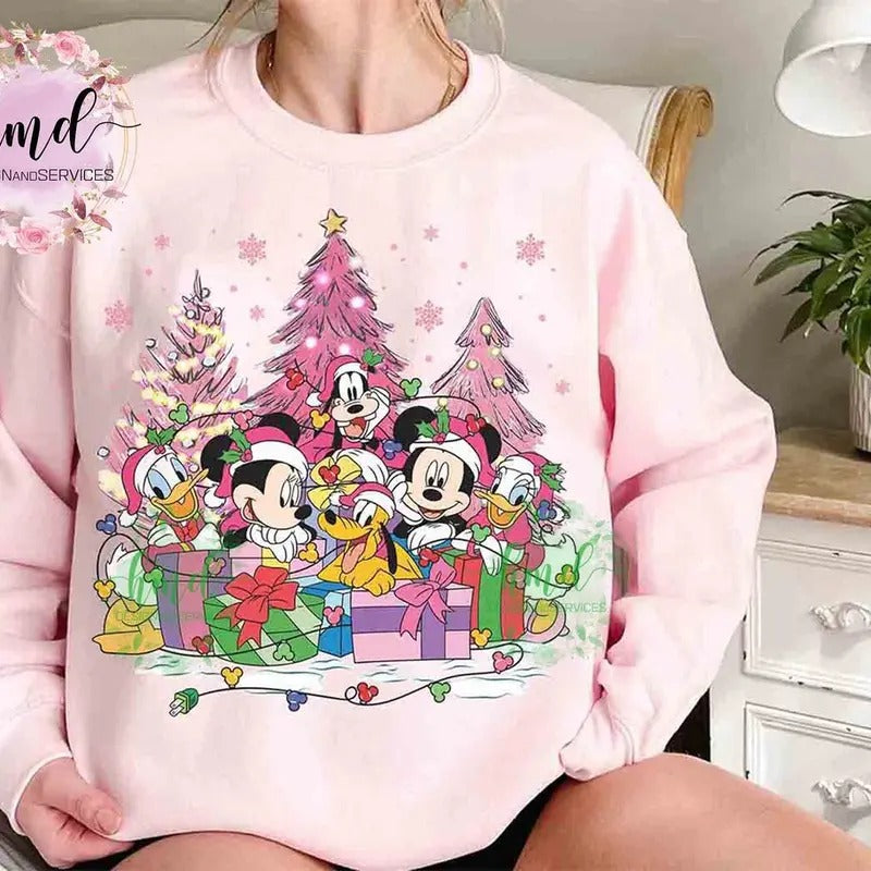 Mouse Pink Christmas Light T-shirt Sweatshirt, Very Merry Xmas Matching Tee, Vacation Holiday Family Gift Hoodie