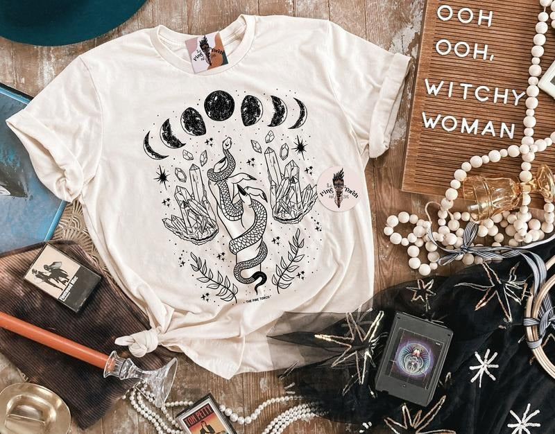 Mystical Moon Crystals Snake T-Shirt, Mystical moon with snake T-Shirt, Moon phases crystals shirt, crescent moon full...