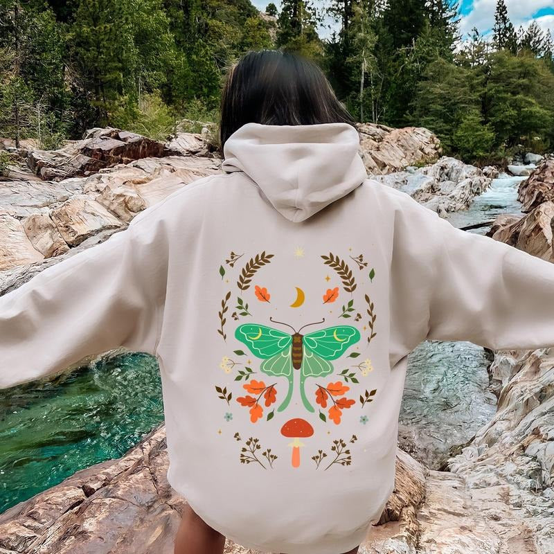 Mystical Moth and Moon, Enchanted Floral Night Sky Hoodie T-Shirts, Sweatshirt | ZylaModa.com