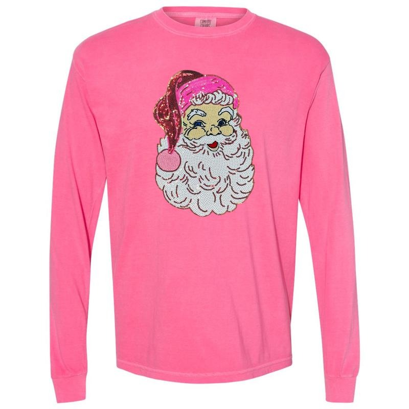Neon Pink Santa Sequin Patch Long Sleeve Comfort Colors T-Shirt Hoodie, Sweatshirt | ZylaModa.com