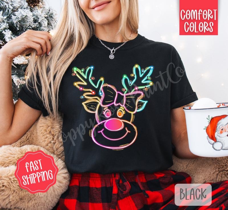 Neon Reindeer Shirt Comfort Colors, Trendy Women's Christmas Tshirt Hoodie, Sweatshirt | ZylaModa.com