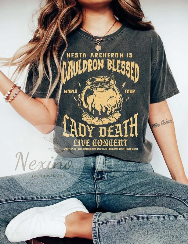 Nesta Archeron ACOTAR Cauldron Blessed Lady Death Band Shirt |Sarah J Maas Velaris Crescent City Rhysand Cassian Bookish...