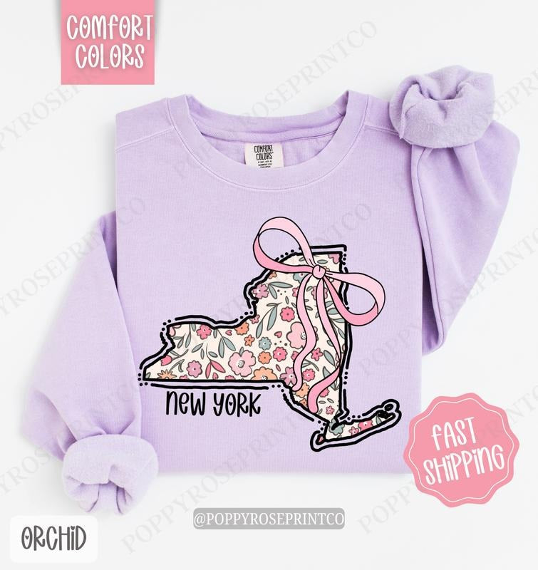 New York Floral Comfort Colors Sweatshirt, New York Sweatshirt, Cute Bow New York Sweatshirt T-Shirts, Hoodie | ZylaModa.com