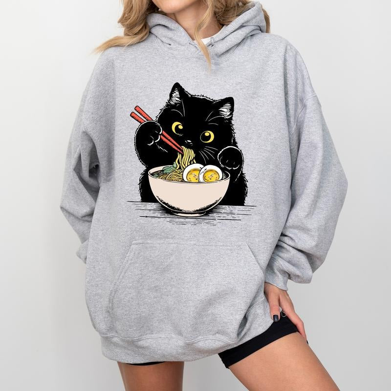 Noodle Cat Hoodie, Cute Black Cat With Ramen Graphic Hoodies, Cat Lover Hoodie,  Anime Lover Hoodies, Cat Mom Outfits,...