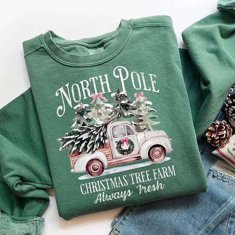 North Pole Christmas Tree Farm Sweatshirt, Vintage Holiday Shirt, North Pole Christmas Sweater, Christmas Tree Farm...