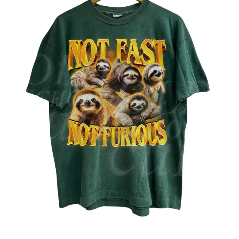 Not Fast Not Furious Vintage 90s Graphic T-shirts, Retro Funny Sloth Nature Moon Tshirt, Cozy Sleeping Gift, Funny Sloth...
