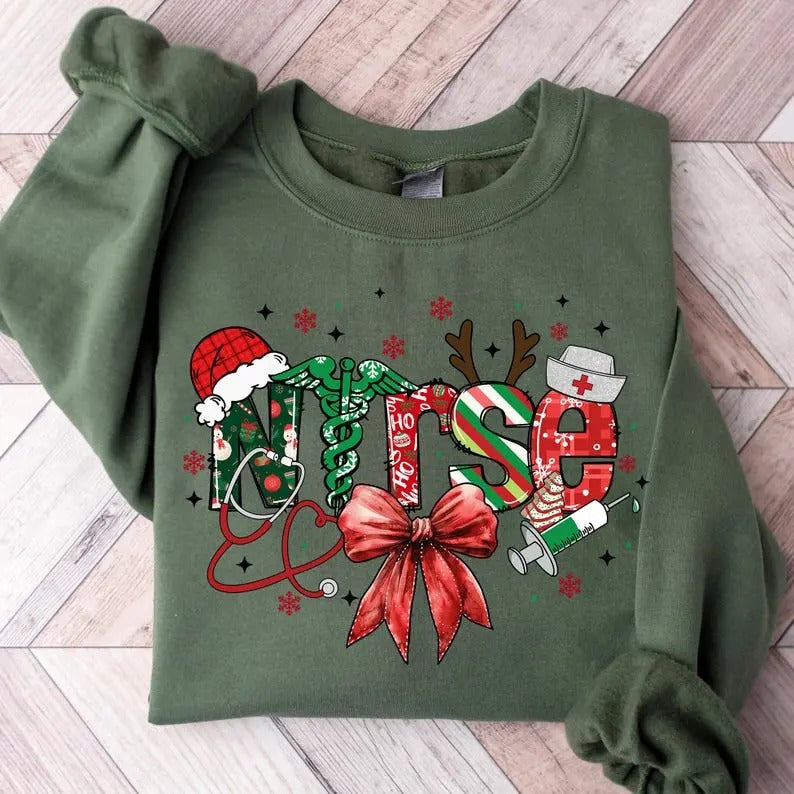 Nurse Christmas Sweatshirt, Retro Nurse Shirt, Merry Christmas Sublimation Shirt,Gift for Nurse ,School Nurse , Coquette...