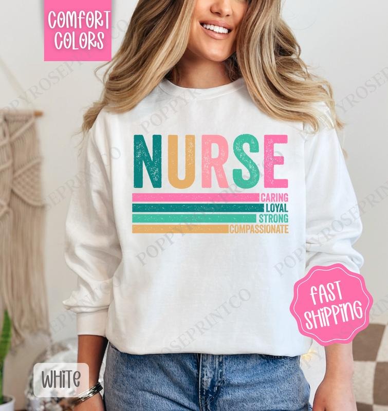 Nurse Stripe Comfort Colors Sweatshirt, RN Crewneck, Cute Women's Sweater T-Shirts, Hoodie | ZylaModa.com