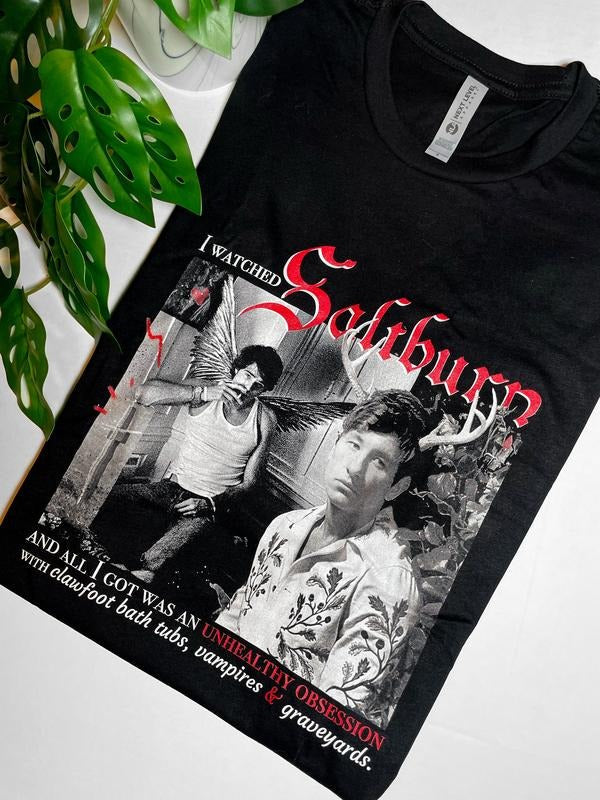 Obsessed With Saltburn Fan shirt, white and red ink, unisex shirt. Hoodie, Sweatshirt | ZylaModa.com