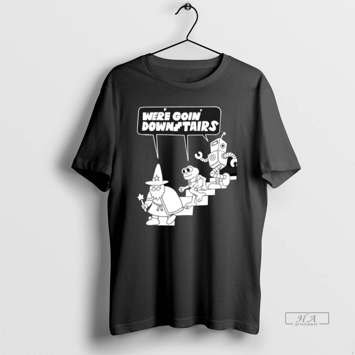 Official Were Goin Downstairs Wizard Frog Robot Walking Down T-Shirts, Hoodie, Sweatshirt | ZylaModa.com