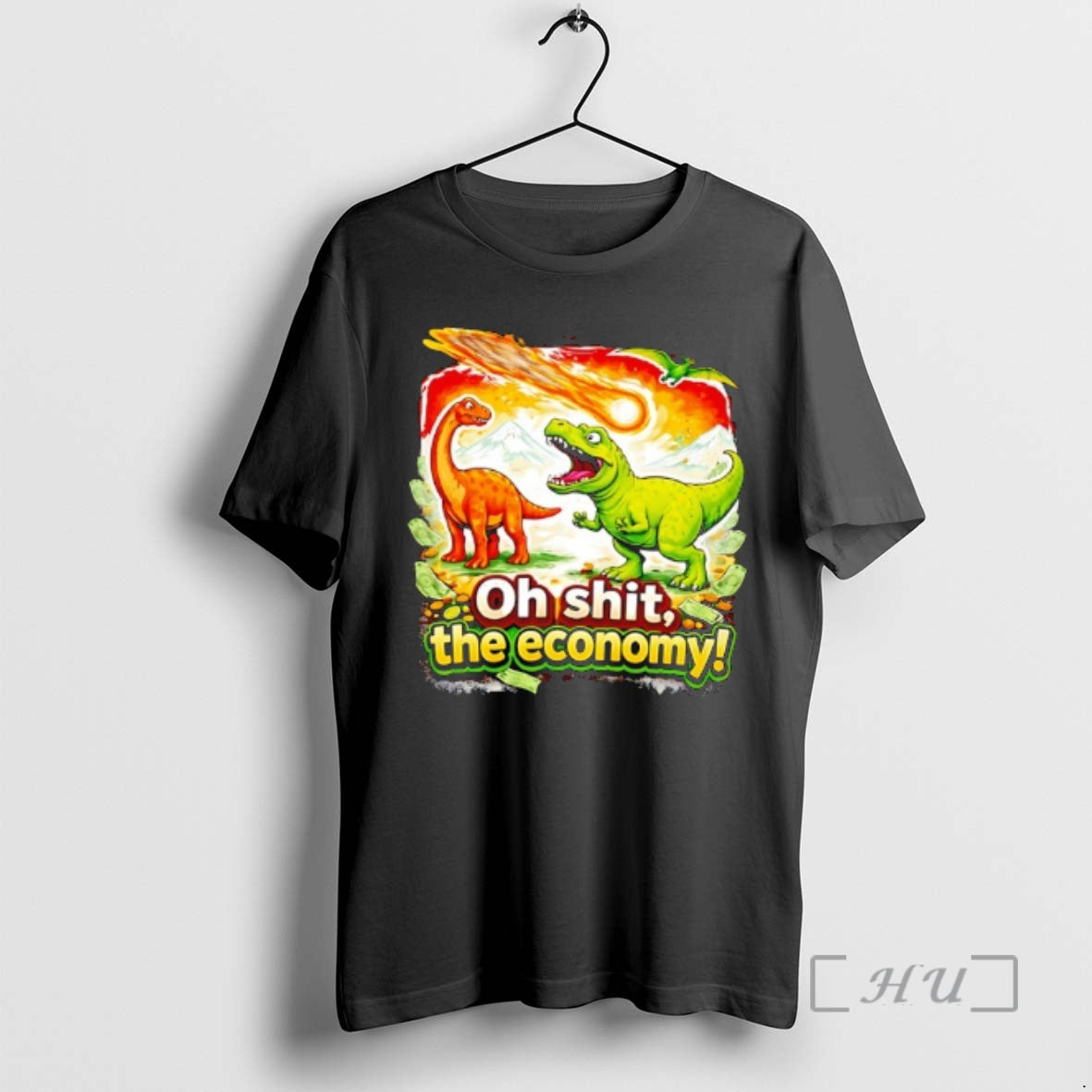 Officials Brontosaurus And T Rex As A Meteor Falls Oh Sht The Economy Premium T-Shirts, Hoodie, Sweatshirt | ZylaModa.com