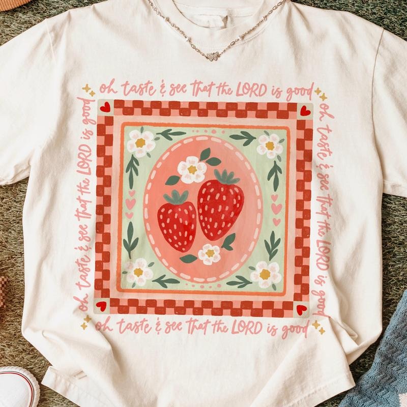 Oh Taste and See That the Lord is Good Strawberry T-Shirt Bible Verse Christian Summer Tee for Women 100% Cotton Hoodie,...