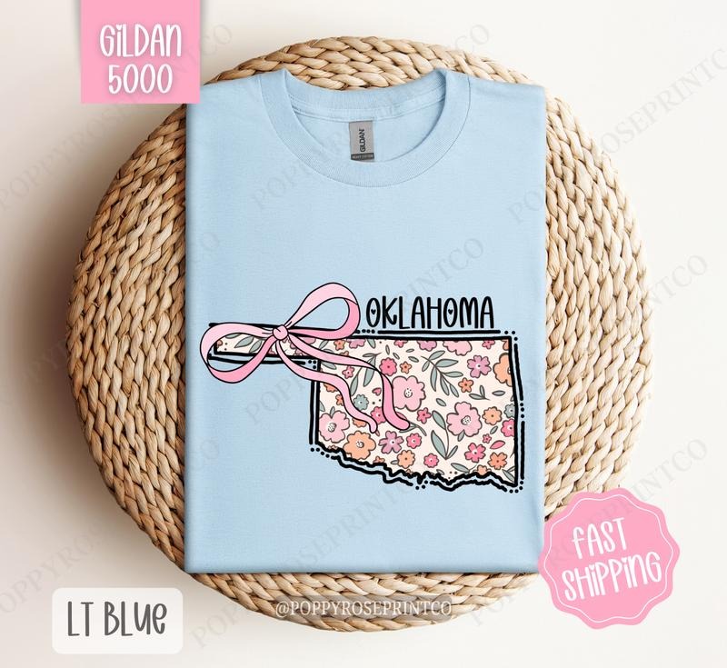 Oklahoma Floral Bow Gildan T-shirt, Cute Trendy Tee, State Coquette Oversized Top Hoodie, Sweatshirt | ZylaModa.com
