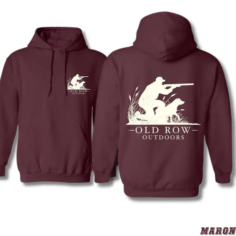 Old Row Outdoors Hoodie - Classic Hunting Scene Design, Perfect for Outdoor Enthusiasts, Unisex Hoodie in Maroon for...