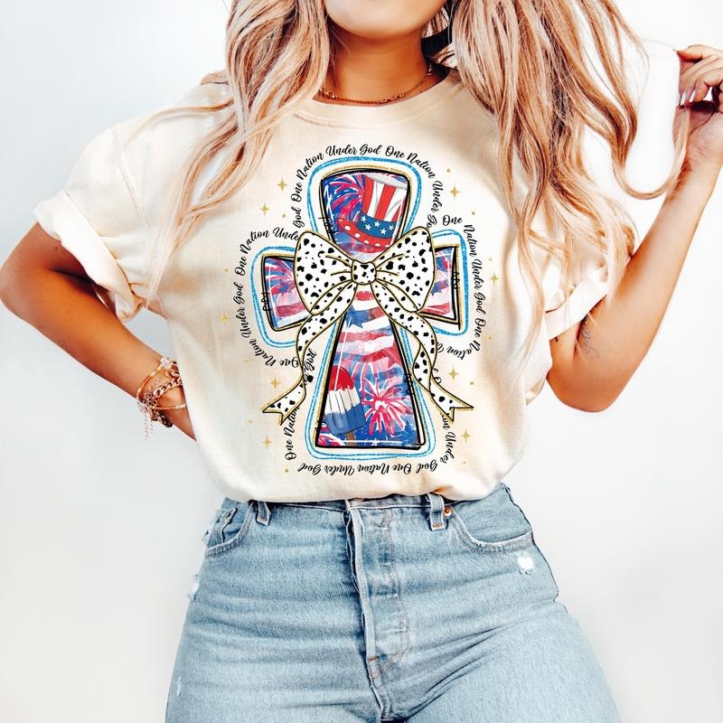 One Nation Under God T-Shirt, Christian America Coquette T-Shirt, 4th of July T-Shirt, Memorial Day T-Shirt, Girly USA...