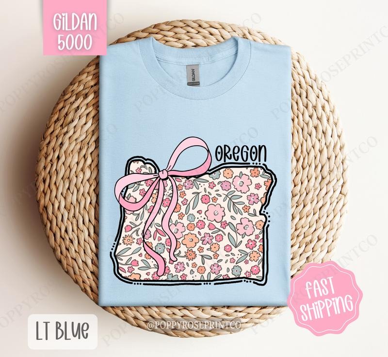 Oregon Floral Bow Gildan T-shirt, Cute Trendy Tee, State Coquette Oversized Top Hoodie, Sweatshirt | ZylaModa.com