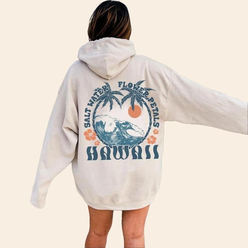 Oversized Beachy Hoodie Hawaii Palm Trees Cute Summer Graphic Sweatshirt Trendy Summer Tops Aesthetic Clothes Beach T-Shirts