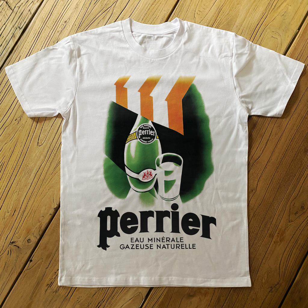 VINTAGE 50s 'PERRIER' POSTER HEAVYWEIGHT WHITE T-SHIRT Hoodie, Sweatshirt | ZylaModa.com (Image 1)
