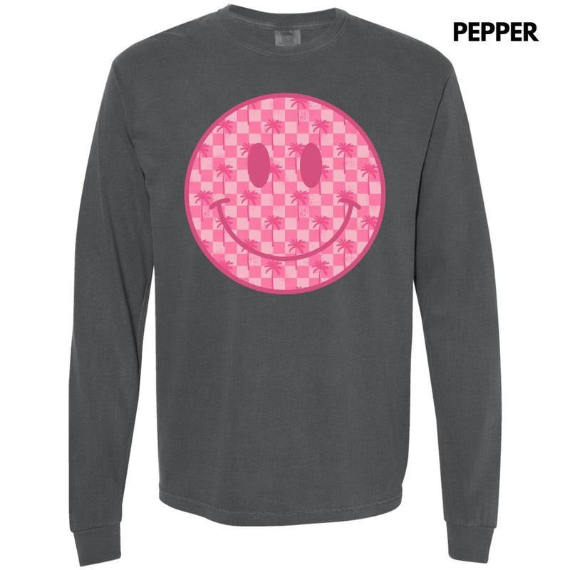 Palm Tree Checker Happy Face Long Sleeve Comfort Colors T-Shirt 'NLB' Hoodie, Sweatshirt | ZylaModa.com