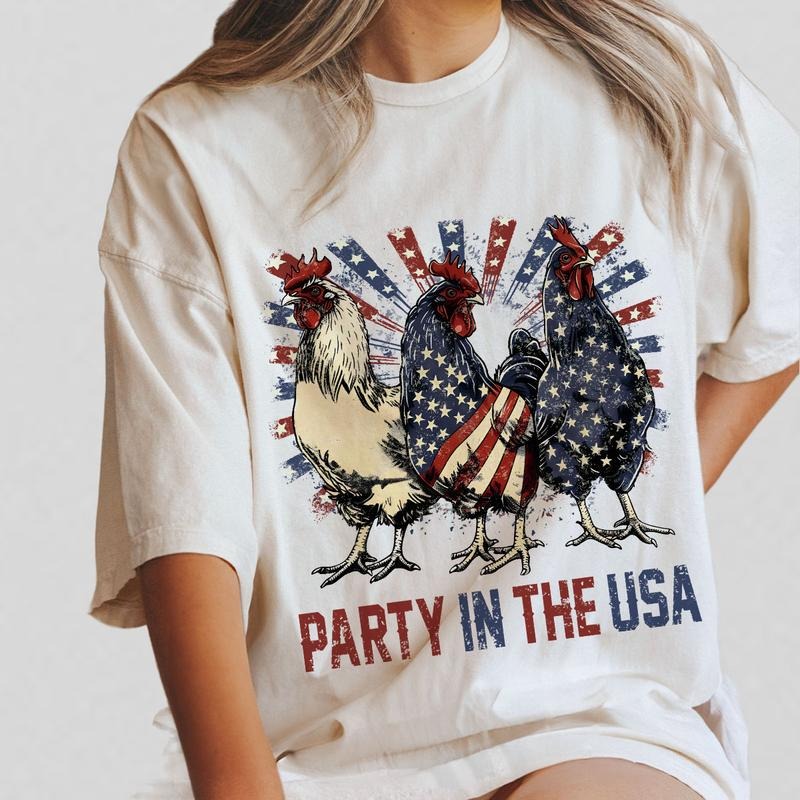 Party In The USA Chicken Shirts, Funny Chicken T-shirt, 4th Of July Tee, Patriotic USA Shirt, Shirt For Women, Retro...