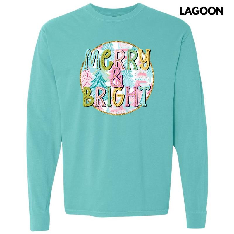 Pastel Merry & Bright Trees Long Sleeve Comfort Colors T-Shirt 'NLB' Hoodie, Sweatshirt | ZylaModa.com