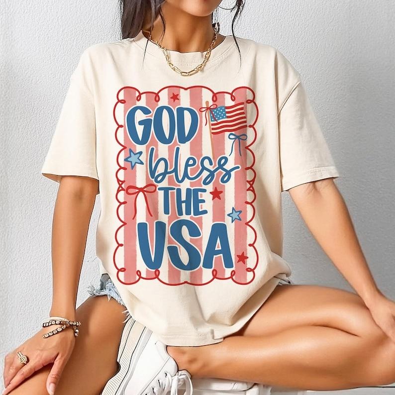 Patriotic Coquette Tshỉt, God Bless The USA Tee, Red White and Blue Shirt, Coquette Shirt, Preppy Patriotic Hoodie,...