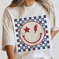Patriotic Smiley Face Shirt, 4th Of July T-Shirt, USA Flag Star and Lightning Bolt Design, Independence Day Celebration...