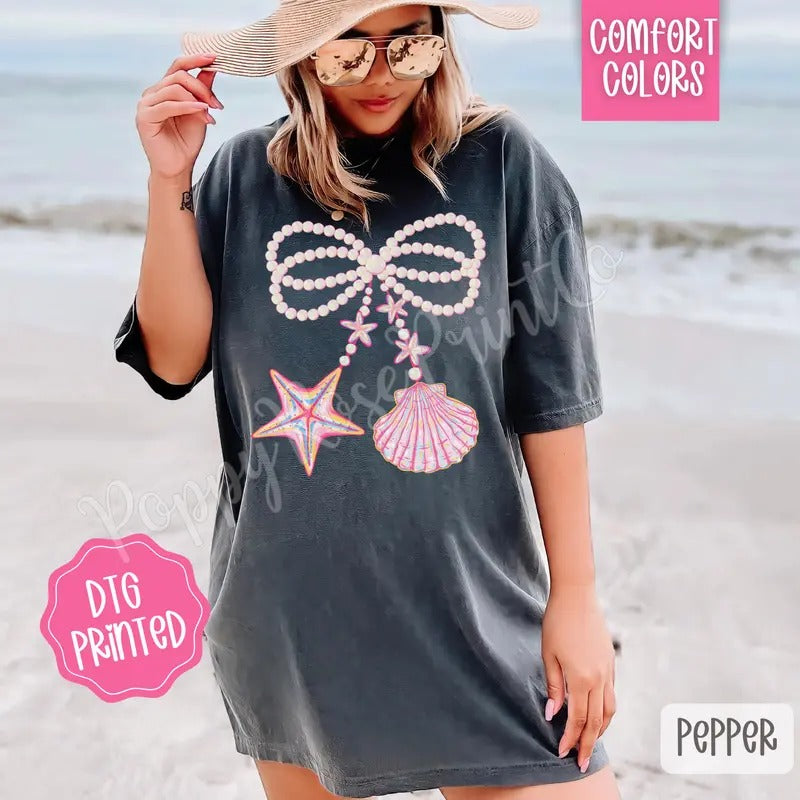 Pearl Shell Bow Comfort Colors Tshirt, Cute Summer Tee, Girly Beach Shirt Hoodie, Sweatshirt | ZylaModa.com