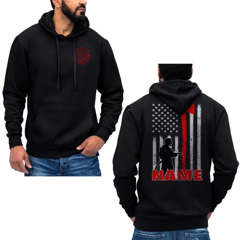 Personalized Firefighter Hoodie Sweatshirt Custom Name Thin Red Line Axe Design Cotton Fabric T-Shirts | ZylaModa.com