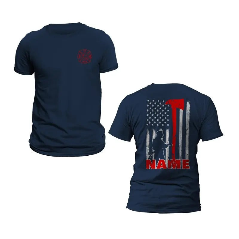 Personalized Firefighter T-Shirt Custom Name Thin Red Line Flag Axe Design Casual Classic Cotton Crewneck Hoodie, Sweatshirt