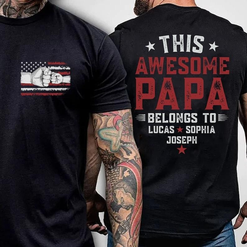 Personalized Papa Shirt, Custom Dad Raised Fist Bump Shirt, Customized Grandkids Hands, Grandpa Shirt Fist Bump...