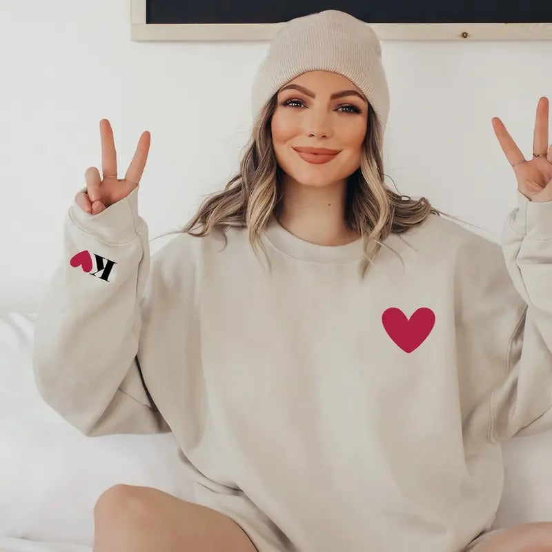 Personalized Valentines Sweatshirt for Women with Initial on Sleeve - Fabric, Cotton T-Shirts, Hoodie | ZylaModa.com