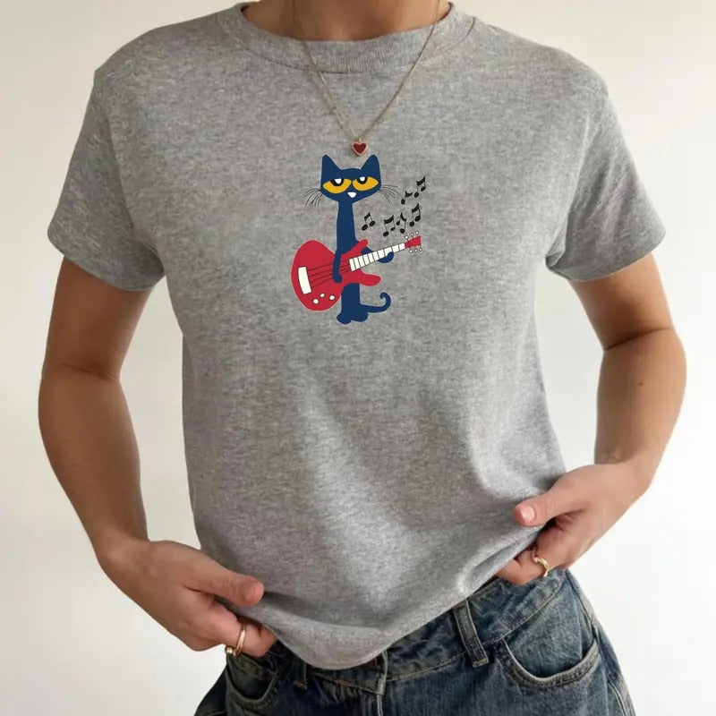 Pete The Cat Playing Guitar Baby Tee, Cute Cat Baby Tee, Pete The Cat T-Shirt, Y2K Baby Tee Hoodie, Sweatshirt | ZylaModa.com