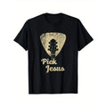 [Pick Jesus Guitar Tee] Black Cotton "Pick Jesus" Guitar Graphic T-Shirt - Music Pastor Casual Tee with Distressed...